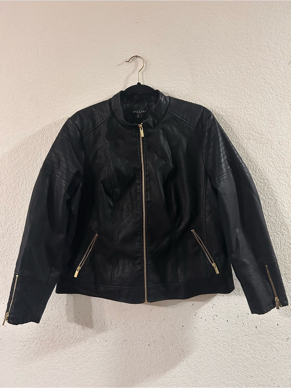 Baccini Black Faux Leather Zip-Front Moto Jacket with Gold Hardware